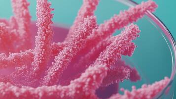 Close-up of abstract pink coral-like structures in a laboratory petri dish photo