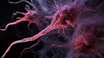 Close-up of neural network neurons with purple and red tendrils on dark background photo