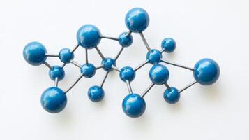 Blue molecular structure model on white background highlighting chemical bonds photo