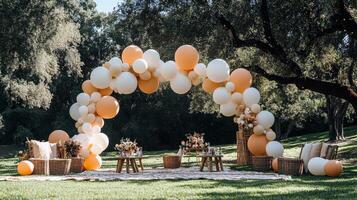 Outdoor balloon arch in park setting with picnic decorations and natural scenery photo