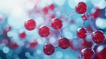 Close-up of red molecular structure on blue bokeh background photo