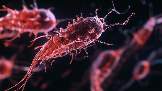 Close-up of microscopic bacteria under red lighting photo