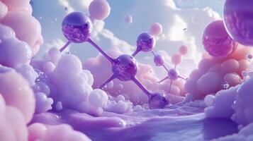 Abstract molecular structure with purple spheres and pink cloudscape photo