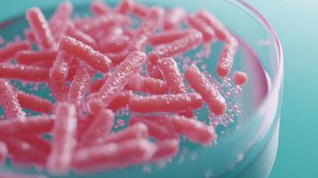 Close-up of pink bacteria cultures in petri dish on cyan background photo