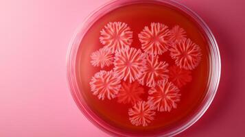Bacterial colony in petri dish on pink background photo