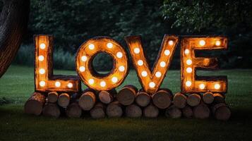 Illuminated love sign in rustic outdoor setting with glowing bulbs at night photo