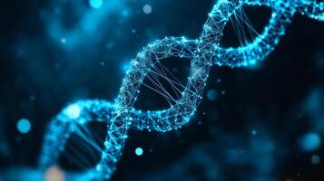 Glowing blue digital dna strand with network connections on a dark background photo