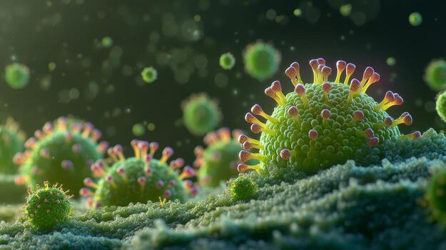 microscópico ver de coronavirus partículas en verde superficie foto