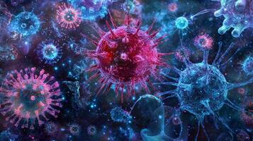Microscopic view of colorful viruses in space-like background photo