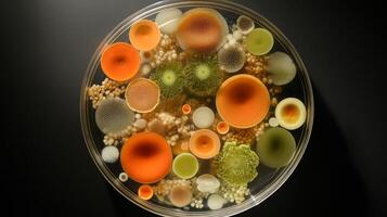 Diverse microbial colonies in petri dish with vibrant colors and varied structures photo
