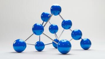 Molecular structure model with blue spheres and metal connectors on white background photo