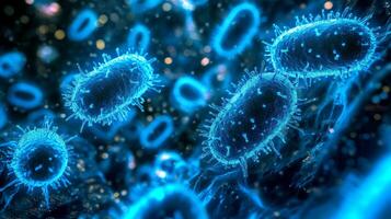 Close-up view of blue bacteria cells in a microscopic environment photo