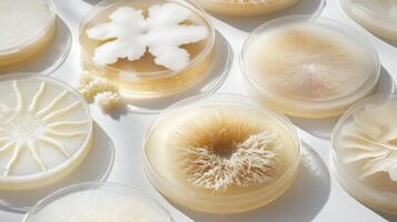 Intricate fungal growth patterns in petri dishes under natural light photo