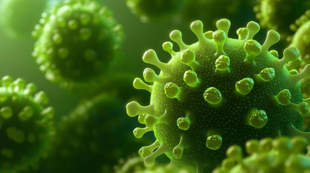 de cerca ver de verde virus partículas con detallado superficie textura foto