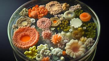 Diverse coral structures in petri dish displaying colorful marine biodiversity photo