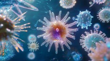 Detailed microscopic view of various viruses in a vibrant underwater scene photo