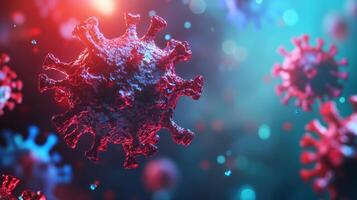 Microscopic view of coronavirus particles in vibrant red and blue light photo