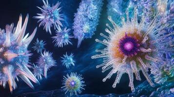 Vibrant microscopic sea creatures in underwater scene photo