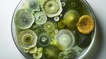 Diverse fungal colonies in petri dish showcasing colorful mold patterns photo