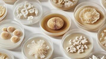 Diverse fungal growths in petri dishes showcase unique morphologies and textures photo