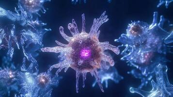 Microscopic view of transparent virus particles with purple core in blue environment photo