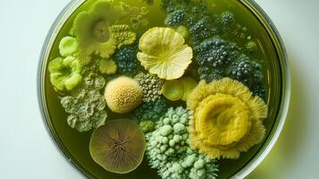 Diverse mold and bacteria cultures in petri dish photo