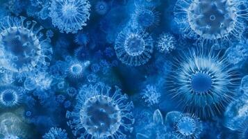 Microscopic view of diverse blue viruses and bacteria in abstract pattern photo