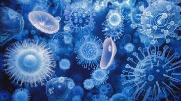 Microscopic view of diverse blue viruses and microorganisms in detailed detail photo