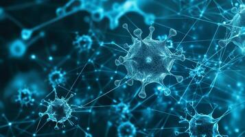 Microscopic view of blue virus particles with network connections photo