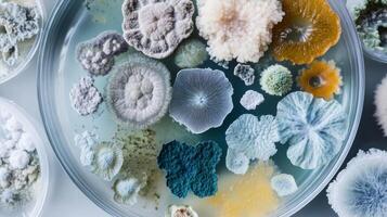 Variety of colorful molds and fungi cultures in petri dish photo