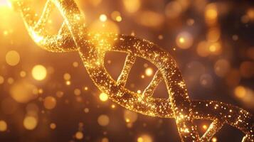 Golden dna strand glittering in golden light with bokeh effect photo