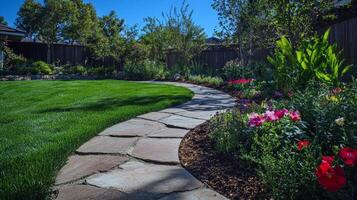 Serene garden pathway with lush greenery and colorful flowers in a sunny backyard photo