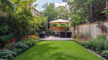 Tranquil backyard garden with patio and lush greenery photo