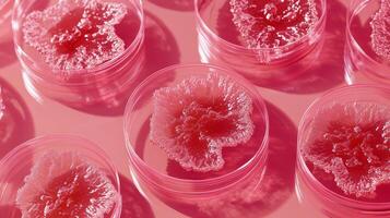 Vibrant red crystal formations in petri dishes on coral background photo