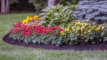 Vibrant garden bed with red and yellow flowers on lush green lawn photo