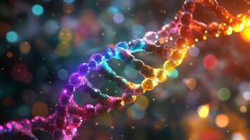 Vibrant rainbow dna strand with colorful bokeh background photo