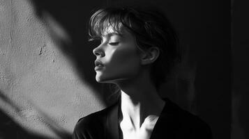 Black and white portrait of contemplative young caucasian female in natural light and shadow photo