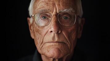 Elderly caucasian male with glasses and wrinkled skin in deep thought photo