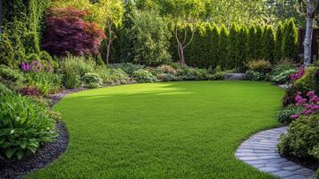 Lush green backyard garden with pathway and vibrant foliage photo