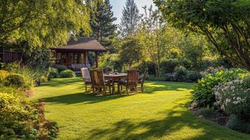Lush green backyard garden with wooden table set amidst vibrant foliage photo