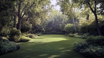 Lush green garden with manicured lawn surrounded by tall trees under bright sunlight photo