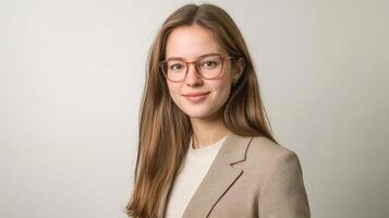 Young caucasian female wearing glasses and blazer smiling confidently photo