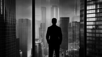 Silhouette of a caucasian male executive overlooking cityscape from skyscraper window photo