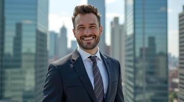 A man in a suit and tie is smiling in front of a cityscape photo