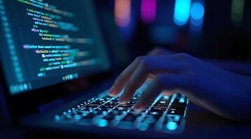 person typing on a laptop computer with code on the screen photo