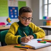 Child writing in a notebook with colored pencils scattered on the desk in a classroom photo