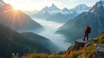 Hiker standing on edge of cliff, red jacket, with stunning mountain landscape photo