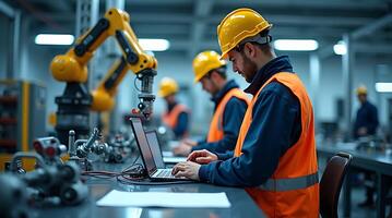 Workers with safety gear and laptops in modern factory setting with advanced robotics photo