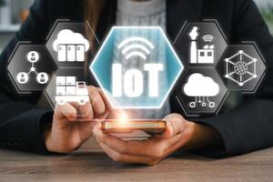 Explore the interconnected world of IoT with digital icons and a smartphone, showcasing modern technology and connectivity. photo