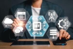 Digital interface showcasing ICT technology with network icons representing modern communication and information systems. photo